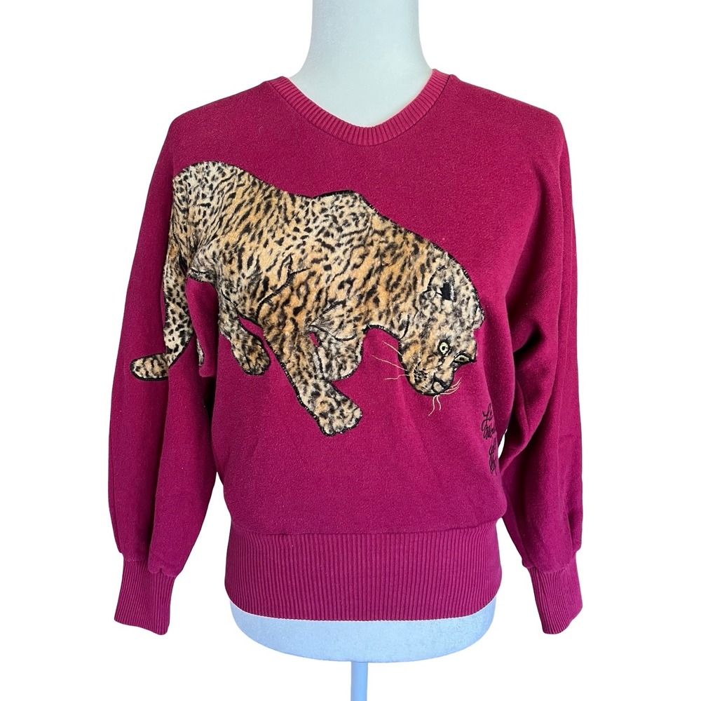 VTG Jebb Levy Magenta Leopard Faux Fur Applique Sweatshirt M Hong Kong Kitschy